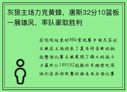 灰狼主场力克黄蜂，唐斯32分10篮板一展雄风，率队豪取胜利