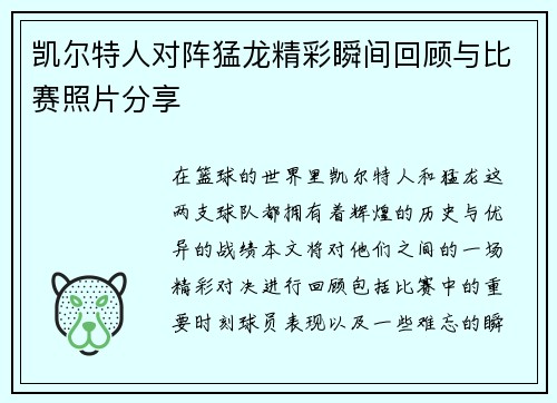 凯尔特人对阵猛龙精彩瞬间回顾与比赛照片分享